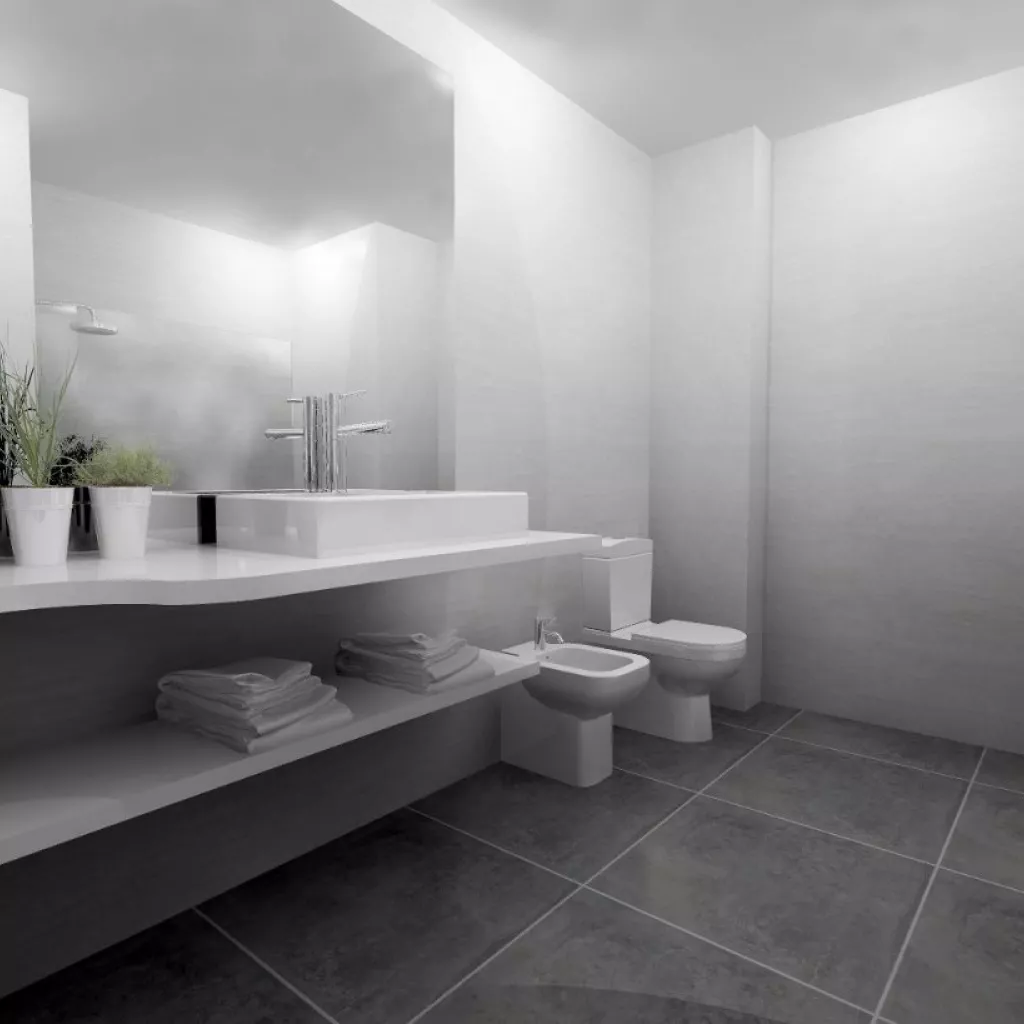 Una atmosfera atemporal y fluida en un baño neutro