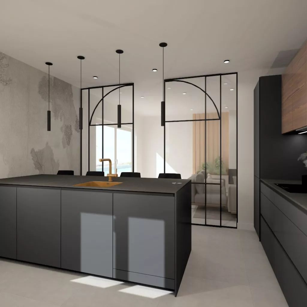 Vista isla e iluminación cocina